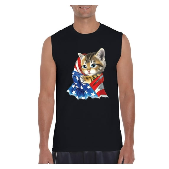 Men's Graphic T-Shirt Sleeveless - American Flag 4th of July Kitty