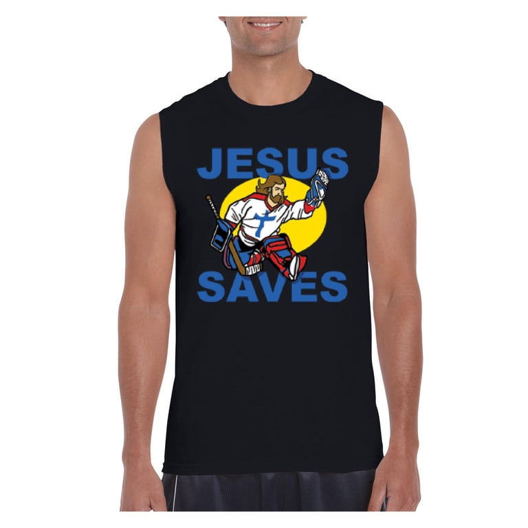Men's Graphic T-Shirt Sleeveless Jesus Saves Hockey Goalie