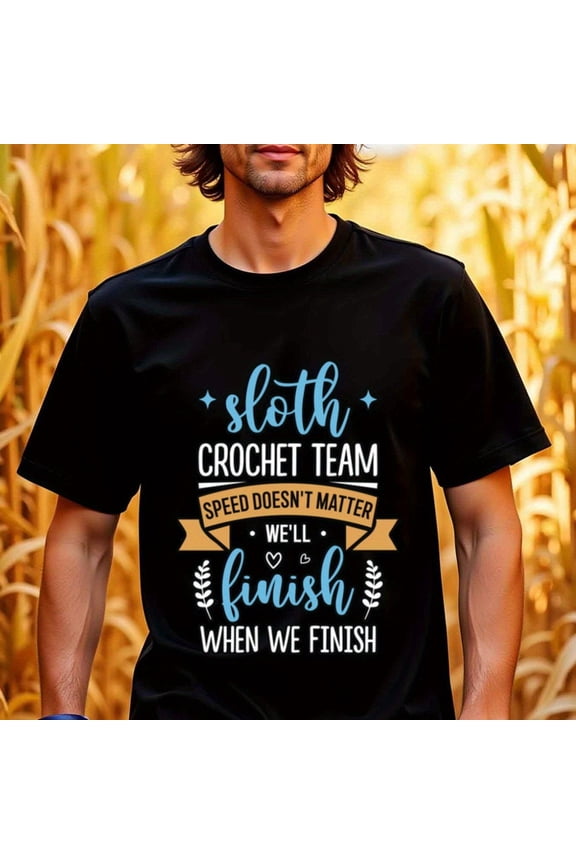 Men's Graphic T-Shirt with Sloth Crochet Team Humorous Slogan Print - Black Geometric Pattern Casual Tee, Regular Fit Short Sleeve Round Neck, Machine Washable
