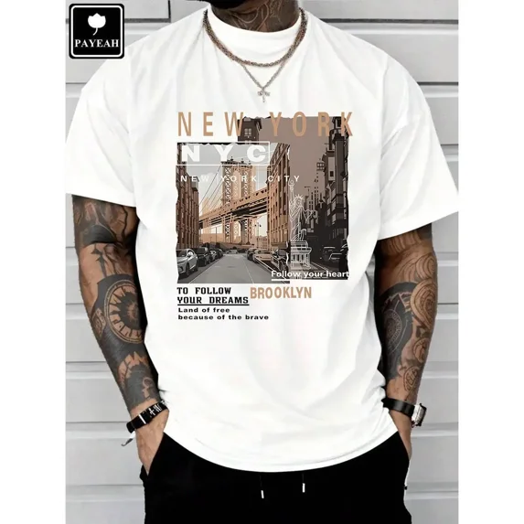 Men's Graphic T-Shirt with Retro Print, Casual Streetwear Regular Fit Short Sleeve