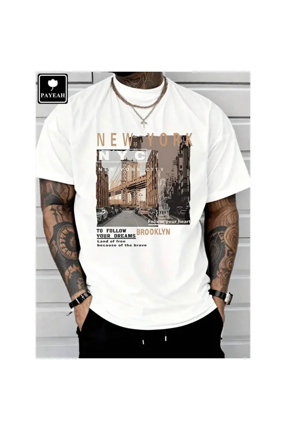 Men's Graphic T-Shirt with Retro Print, Casual Streetwear Regular Fit Short Sleeve