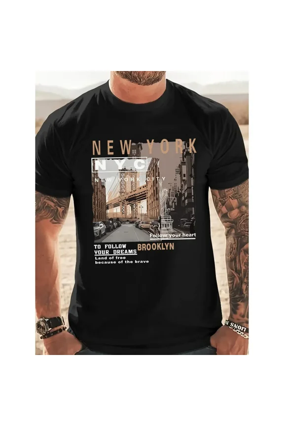 Men's Graphic T-Shirt with Retro Print, Casual Streetwear Regular Fit Short Sleeve