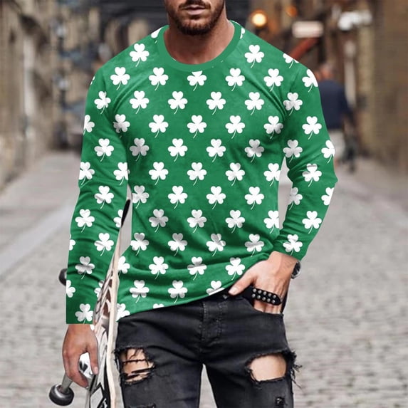 Men's Graphic T-Shirts,Mens St Patricks Day Gnomes Tee Shirts,Mens St Patricks Day Shirts Long Sleeve Shamrock Sweatshirt Big and Tall Irish Clover T-Shirt Casual Round Neck Graphic Tees Tops