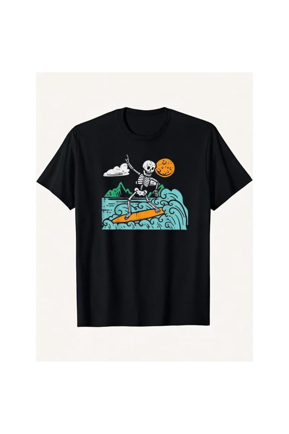 Men's Graphic T-Shirts - Surfer Skeleton Wave Moon Hawaii Halloween Beach Crew neck Tee, Soft Comfort Streetwear Top，Fashion，cotton，black，S-5XL