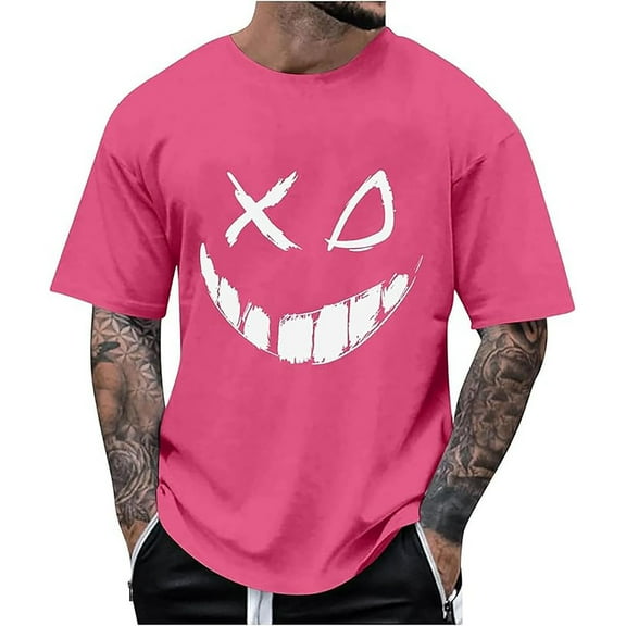 Men's Graphic T-Shirts Y2k Novelty Funny Smile Face Print Crewneck Short Sleeve Tops Casual Summer Loose Fit Streetwear Tees Z002-Hot Pink M