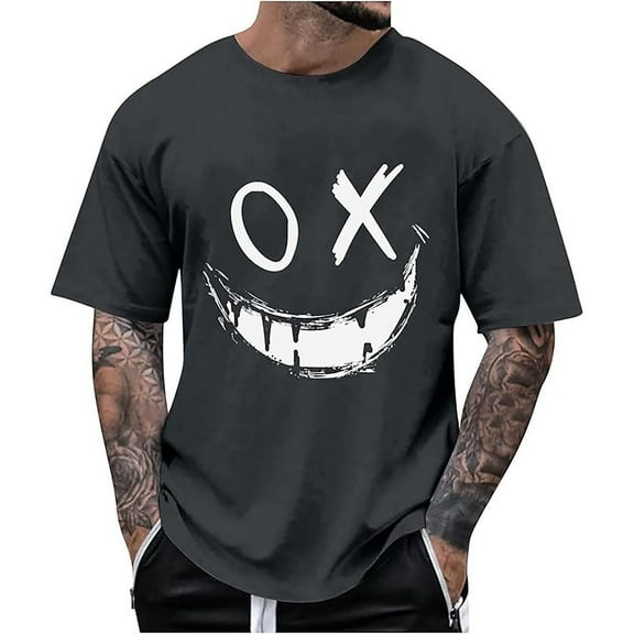 Men's Graphic T-Shirts Y2k Novelty Funny Smile Face Print Crewneck Short Sleeve Tops Casual Summer Loose Fit Streetwear Tees Z004-Dark Gray XXL