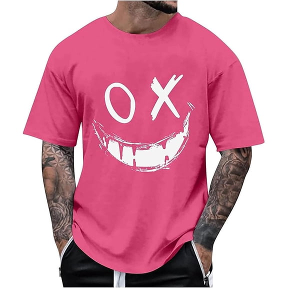 Men's Graphic T-Shirts Y2k Novelty Funny Smile Face Print Crewneck Short Sleeve Tops Casual Summer Loose Fit Streetwear Tees Z004-Hot Pink M