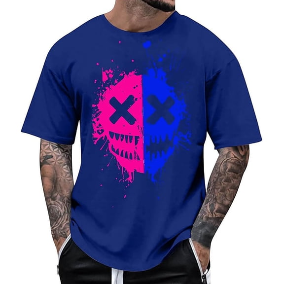 Men's Graphic T-Shirts Y2k Novelty Funny Smile Face Print Crewneck Short Sleeve Tops Casual Summer Loose Fit Streetwear Tees Z005-Blue XXL