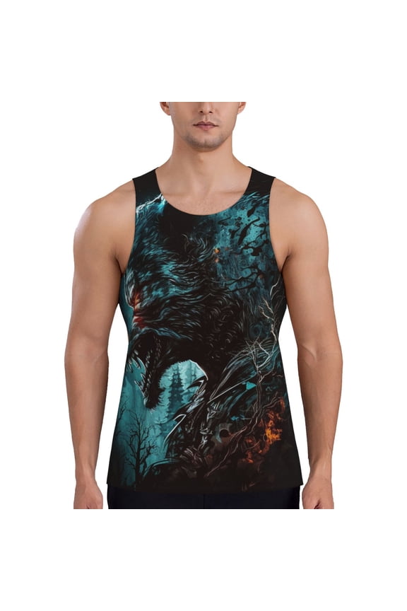 Men's Graphic Tank Tops Summer Beach Muscle Shirts Workout, Werewolf Howling Night Cool Wolf
