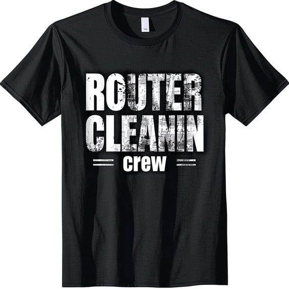 Men's Graphic Tee: 'Router Cleaning Crew' Design White Letters Professional Photography Style Trendy & Unique Black T Shirt