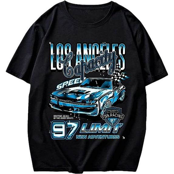 Men's Graphic Tees Letter Car Print Vintage T-Shirts Y3K Casual Crewneck T Shirts Streetwear