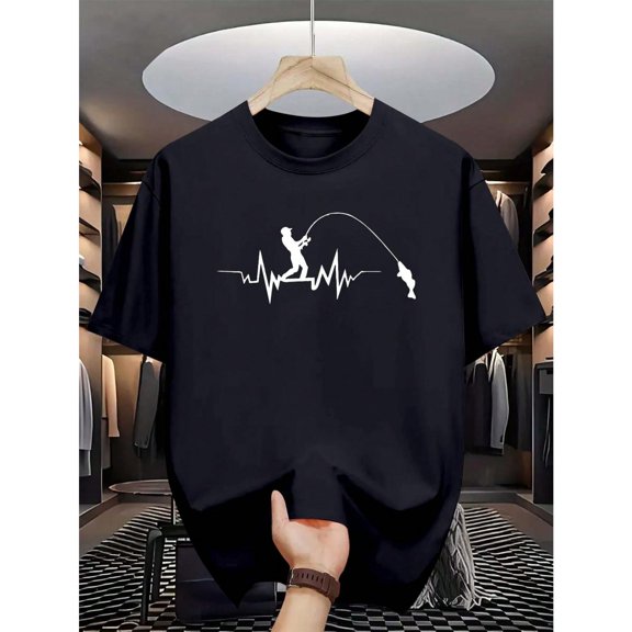 Men's Graphic Tees, Regular Fit Short Sleeve T-Shirt, Electrocardiogram Fishing Design Casual Top, Crew neck，Causal，cotton，black，S-5XL
