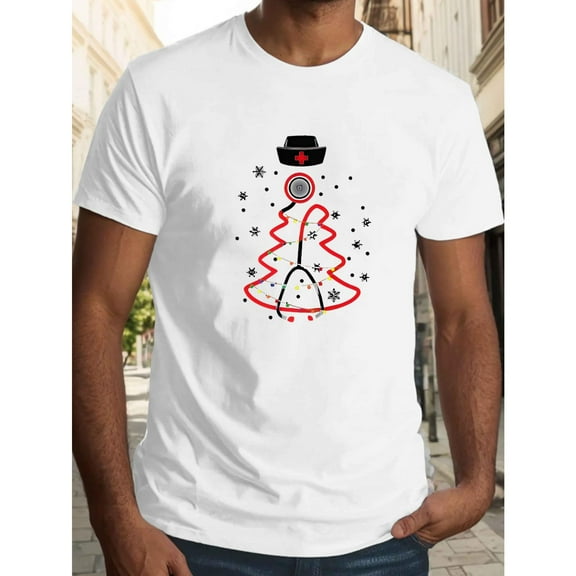 Men's Graphic Tees，Short Sleeve T-Shirt, Casual Crew Neck Top, Novelty Nurse Christmas Tree Design, Funny，cotton，white，S-5XL