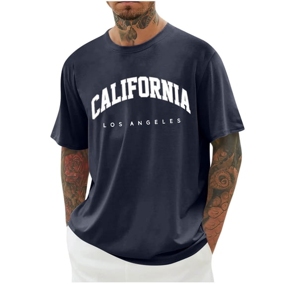 Men's Graphic Tees Summer Letter Print Dropped Shoulder T-Shirts Casual Loose Fit Half Sleeve Tops for Travel Vacation