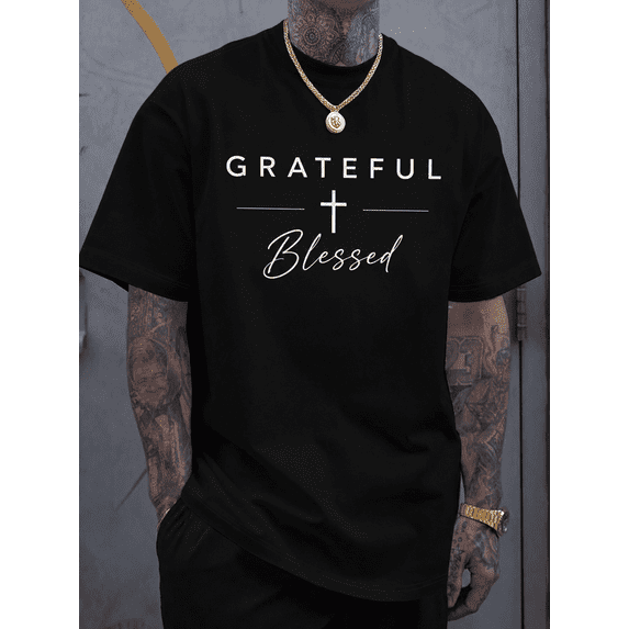 Men's Grateful Blessed Graphic T Shirt, Faith Cross Print Short Sleeve Cotton Casual Tee, Inspirational Christian Style Shirt