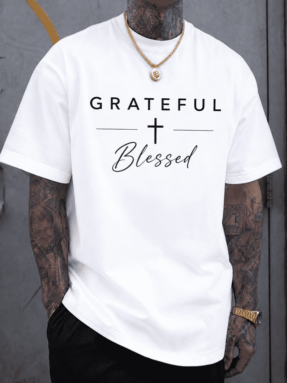 Men's Grateful Blessed Graphic T Shirt, Faith Cross Print Short Sleeve Cotton Casual Tee, Inspirational Christian Style Shirt