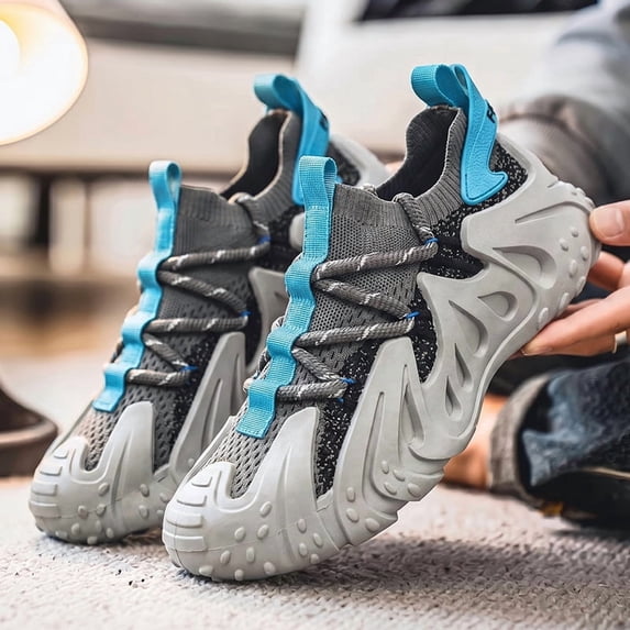 Men's Gray & Cyan Contrast Sock Knit Platform Shoes, Slip On Robot Mesh Walking Sneakers Big Sizes 39-45