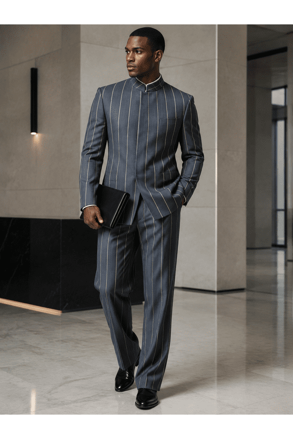 Men's Gray Pinstripe Pattern Two-Piece Suit with Mandarin Collar for Wedding, Prom and Formal Events