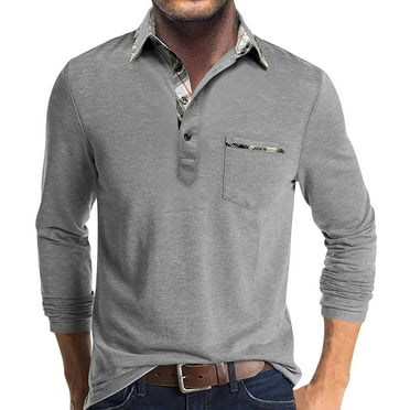 Men's Gray Polo Shirts Spring Fall Long Sleeve Work Collared Shirts Solid Color Collared Basic Button Down Fall Golf Shirts S-5XL