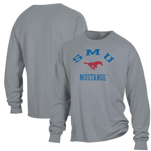 Men's ComfortWash Gray SMU Mustangs Arch Logo Garment Dyed Long Sleeve T-Shirt