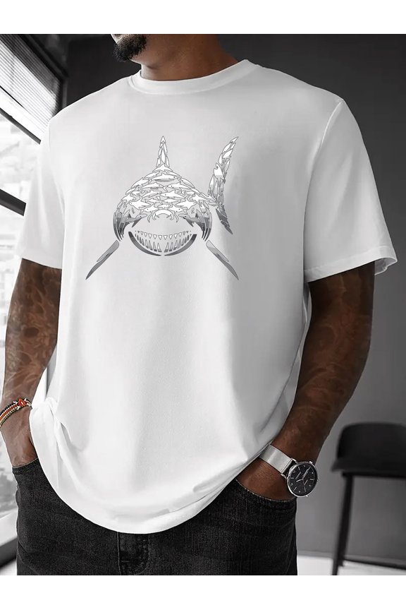 Men's Gray Shark Graphic T-Shirt - Casual Streetwear Design, Short Sleeve Crewneck, Summer Essential, Polyester Blend, Unisex High Street Fashion Top