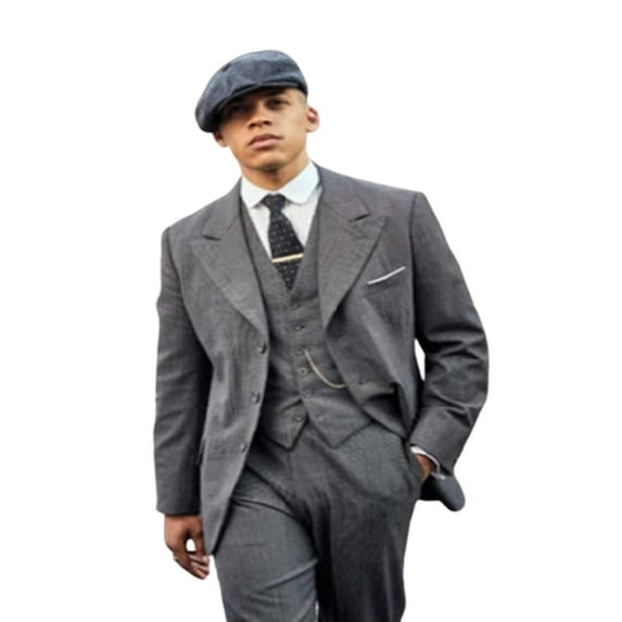 Men's Gray Three Button Peaky Blinders Suit - Peaky Blinders Outfit + Overcoat + Hat By Alberto Nardoni Brand Designer