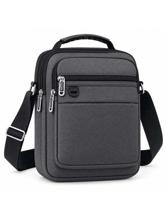 Men’s Gray Vertical Crossbody Bag, Lightweight Water-Resistant Oxford Multi-Pocket Shoulder Bag with Top Handle for Work, Commute, Business Travel and Everyday Carry