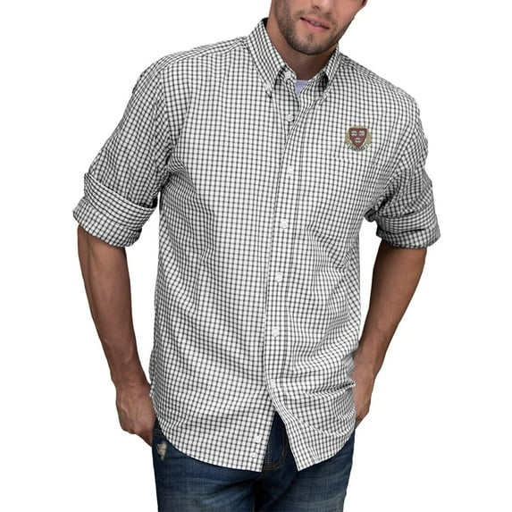 Men's Gray/White Harvard Crimson NCAA Gingham Button-Down Check Shirt