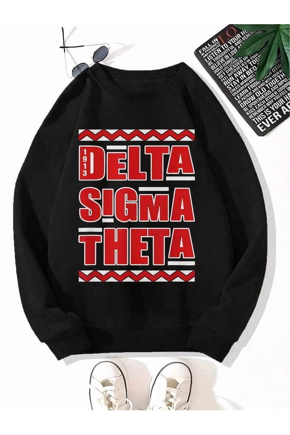 Men's Greek Letter Fraternity Sweatshirt - Delta Sigma Theta Logo Hoodie-Like Pullover, Black With Red & White Greek Letters, Casual Round Neck Long Sleeve Sweater For Sorority Events & Casual Attire
