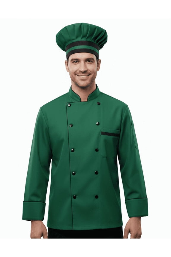 Men's Green 3/4 Sleeve Chef Coat with Black Trim & Free Chef Cap, Professional Kitchen Uniform Jacket for Restaurant, Bakery & Culinary Professionals, Sizes XS-6XL