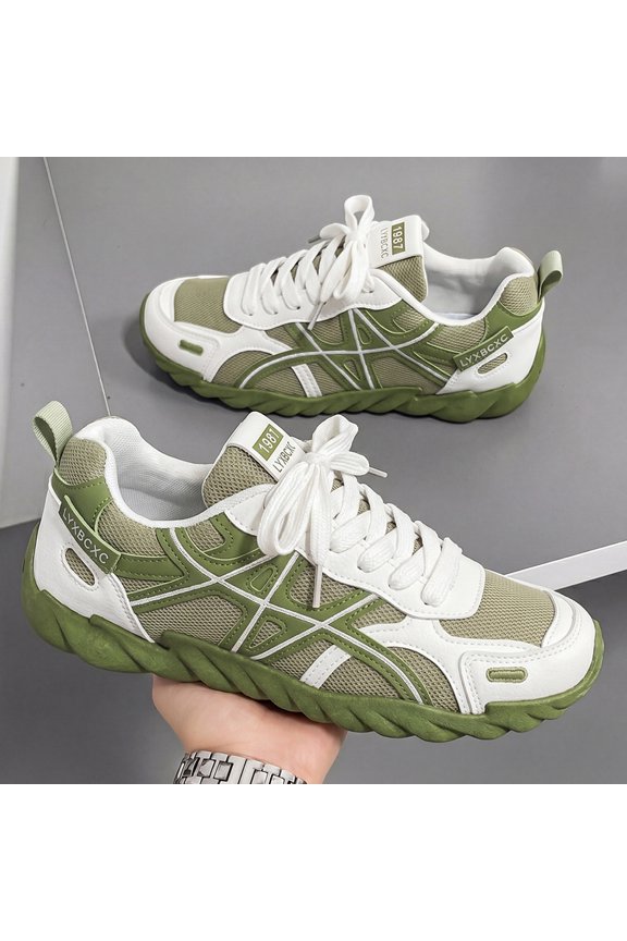 Men's Green Color Block Mesh Retro Trainers Shock Absorbing Non Slip Rugged Sole Outdoor Trekking Walking Shoes