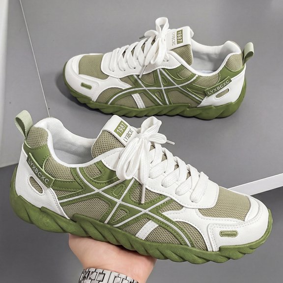 Men's Green Color Block Mesh Retro Trainers Shock Absorbing Non Slip Rugged Sole Outdoor Trekking Walking Shoes