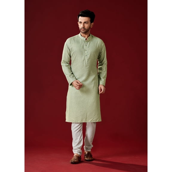 Men's Green Color Indian Traditional Wear Tunic Cotton Kurta Pajama Set