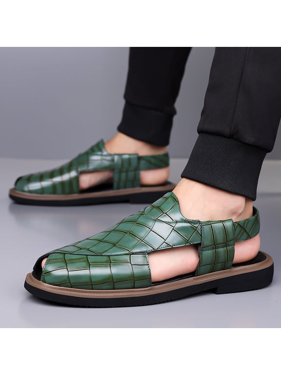 Men's Green Croc-Embossed Closed-Toe Backless Casual Sandals