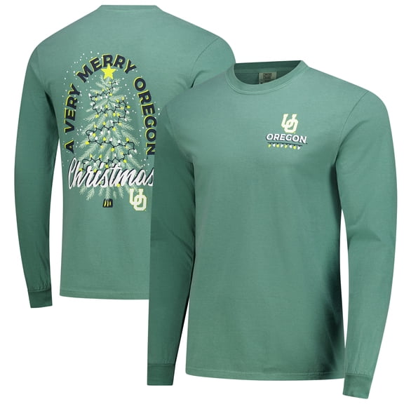 Men's Green Oregon Ducks Comfort Colors Merry Christmas Tree Long Sleeve T-Shirt