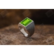 Mens Green Peridot Geometric Ring 925 Silver Statement Gemstone Ring For Him Unique Modern Green Gemstone Ring For Men Vintage Signet Ring