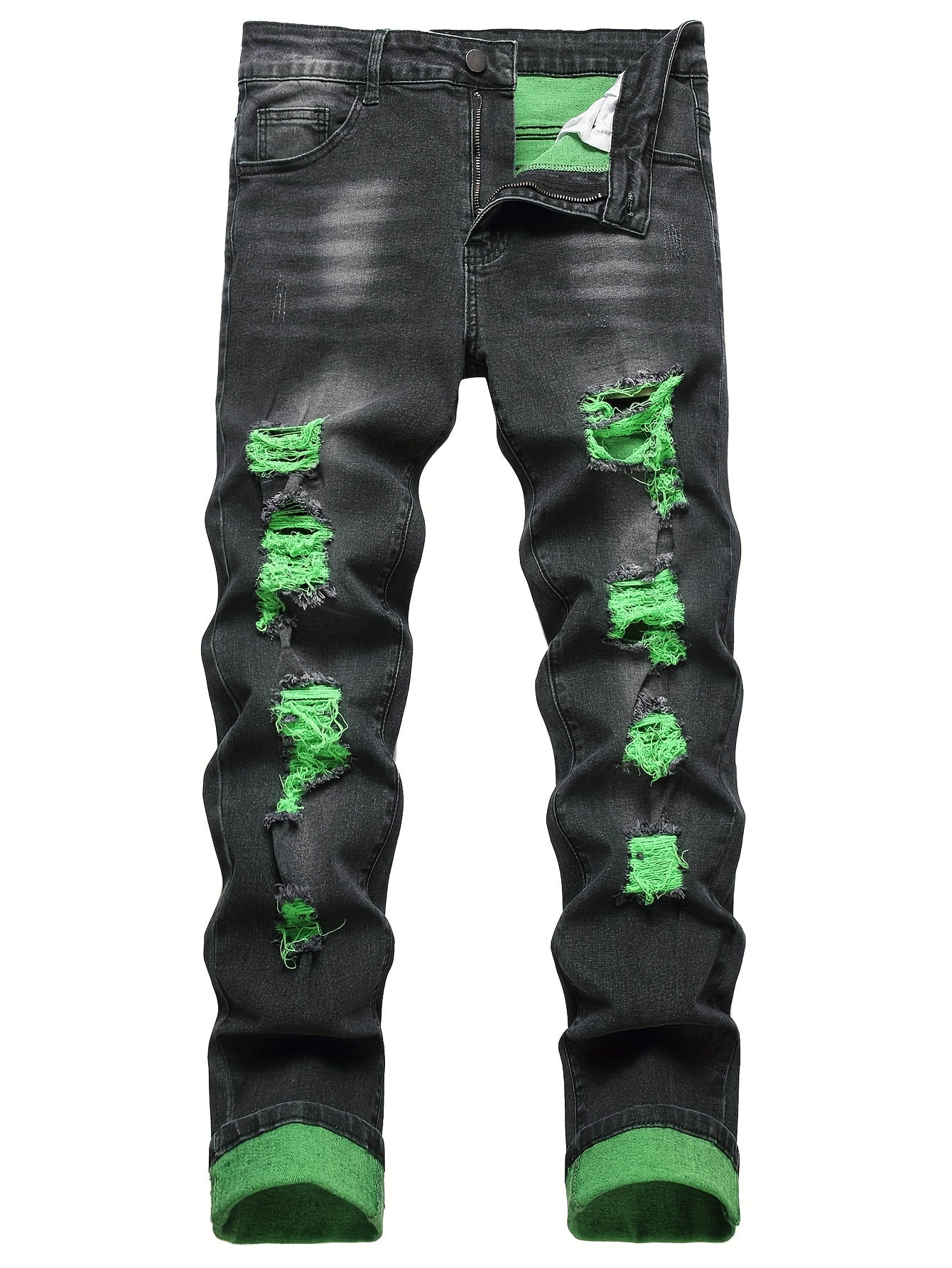 Men's Green Ripped Stretch Skinny Black Bottom Wild Jeans