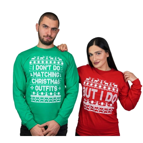 Men's Green long sleeve Christmas funny t-shirt I don't do matching outfits shirt (Mens 3X-Large)