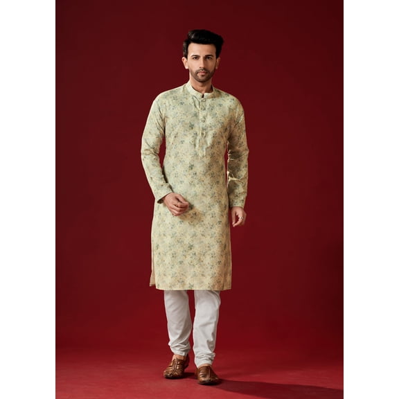 Men's Greenish Yellow Color Indian Traditional Wear Tunic Cotton Kurta Pajama Set