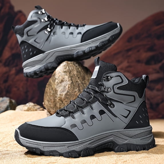 Men's Grey Black High-Top Hiking Boots, Non-Slip Waterproof Work Boots, Shock Absorption Outdoor Shoes for Trekking