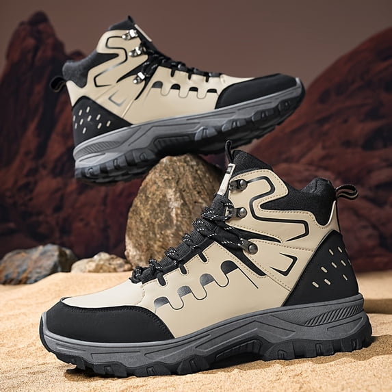 Men's Grey Black High-Top Hiking Boots, Non-Slip Waterproof Work Boots, Shock Absorption Outdoor Shoes for Trekking