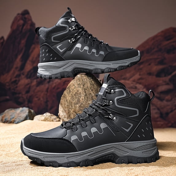 Men's Grey Black High-Top Hiking Boots, Non-Slip Waterproof Work Boots, Shock Absorption Outdoor Shoes for Trekking