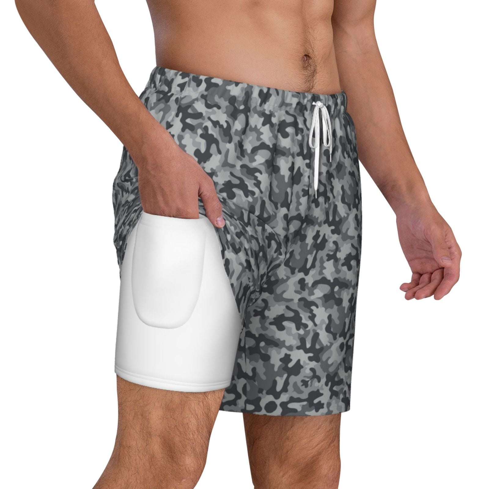 Men's Grey Camouflage Print Swim Trunks with Compression Liner Bathing Suit Swimwear