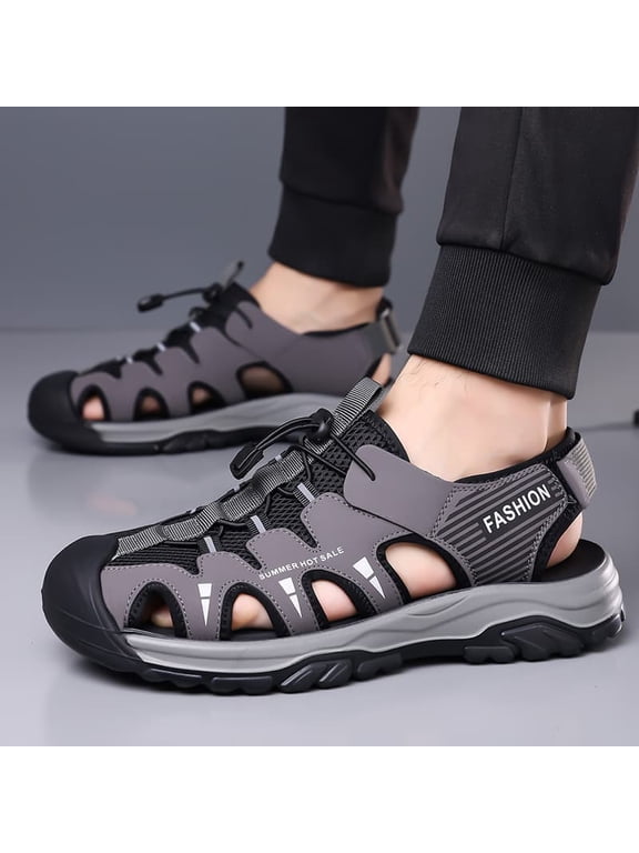 Men's Grey Closed-Toe Adjustable Outdoor Hiking Sport Sandals