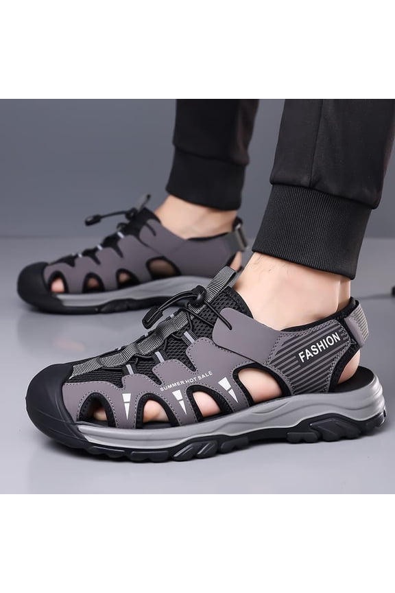 Men's Grey Closed-Toe Adjustable Outdoor Hiking Sport Sandals