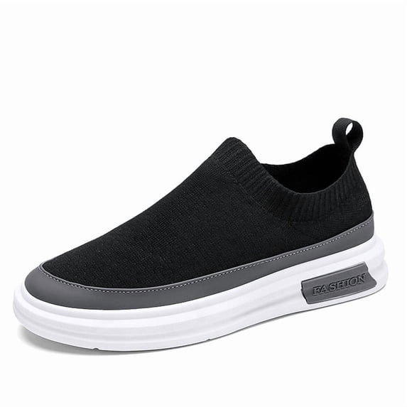 Men's Grey Flyknit Thick Sole Slip-On Sock Sneakers, Breathable Casual Shoes, Non-Slip Platform Loafers for Daily Wear