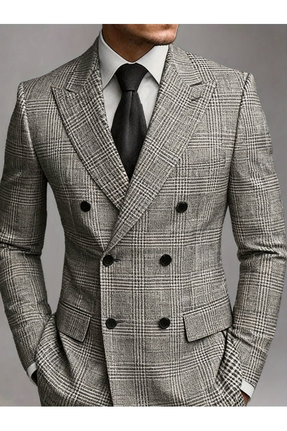 Men's Grey Glen Plaid Wool Blend Blazer, Double-Breasted Peak Lapel Slim Fit Business Casual Suit Jacket