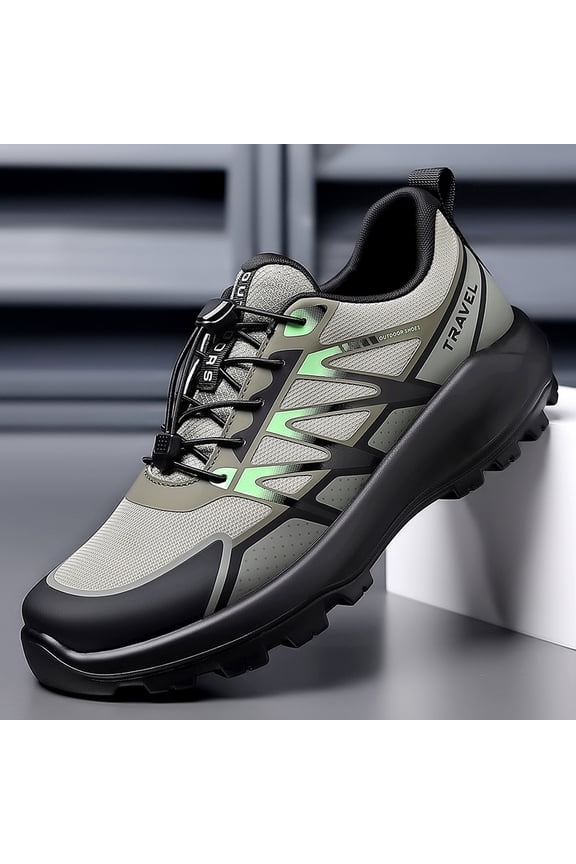 Men's Grey Green Contrast Mesh Outdoor Hiking Shoes Auto Quick Lace Rugged Non-Slip Trekking Trainers
