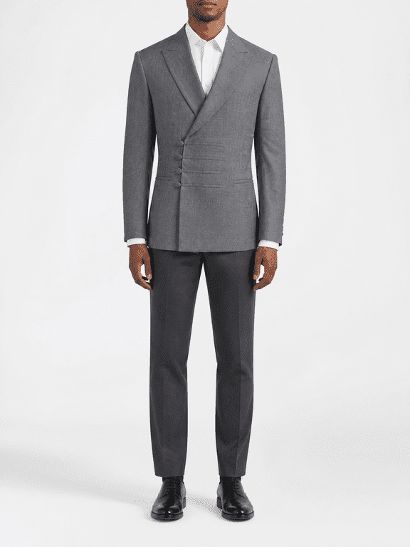 Men's Grey Linen Blend Asymmetric Wrap Peak Lapel Double Breasted Three Piece Summer Suit