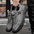 thumbnail image 1 of Men's Grey Matte Leather Hand Stitched Outdoor Walking Shoes Quick Elastic Drawstring Anti-Collision Toe Trekking Sneakers, 1 of 8